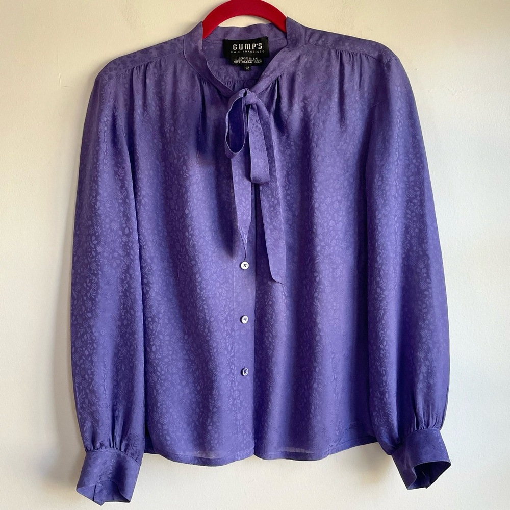 Gump's of San Francisco 100% Silk Purple Tie Neck Blouse Size 12